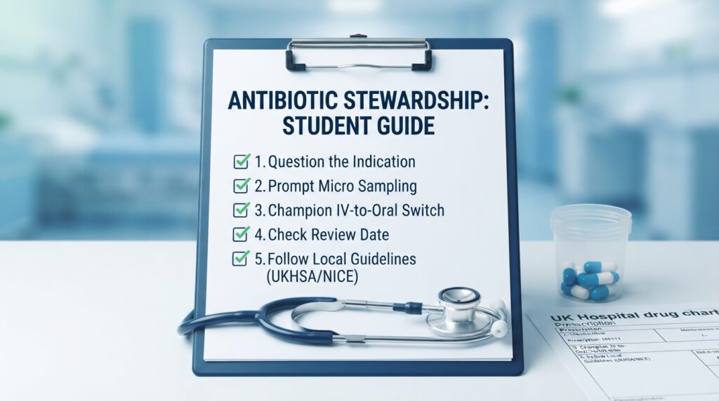 A clean, professional healthcare flat lay featuring a stethoscope, a clinical drug chart showing prescription guidelines, and a digital tablet displaying UK antibiotic stewardship resources on a white desk.