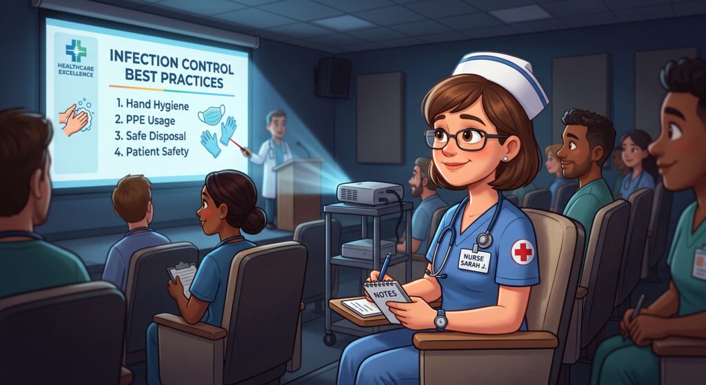 An animated illustration of a female student nurse sitting in a lecture hall taking notes while a presenter displays a projection screen on infection control best practices.