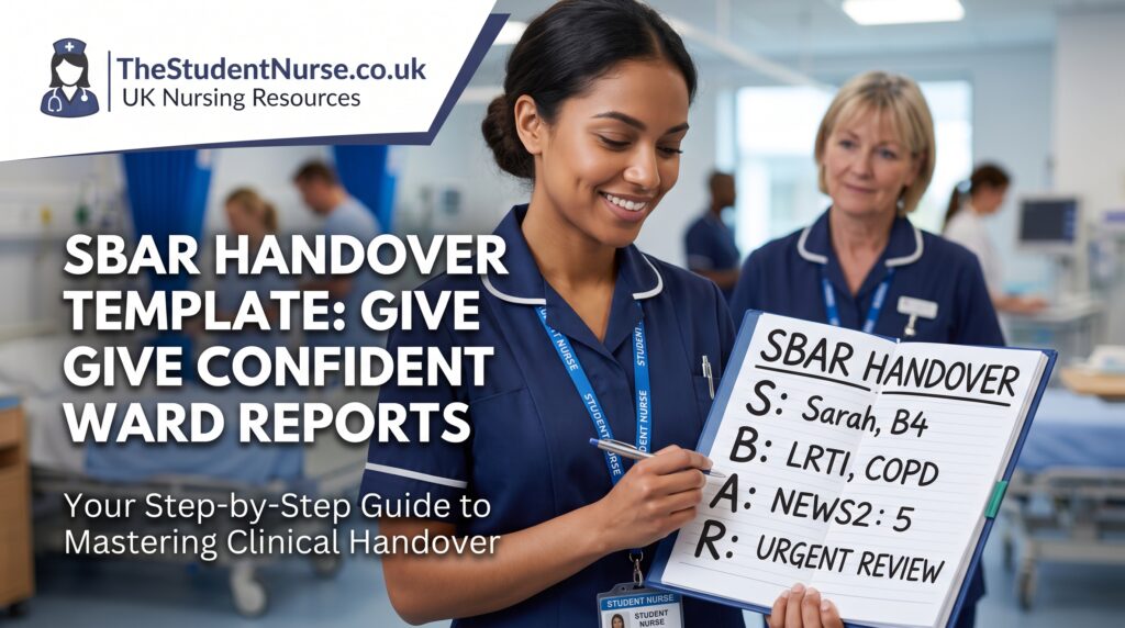 A confident UK student nurse holding a clipboard displaying a handwritten SBAR handover template breakdown in a hospital ward setting.