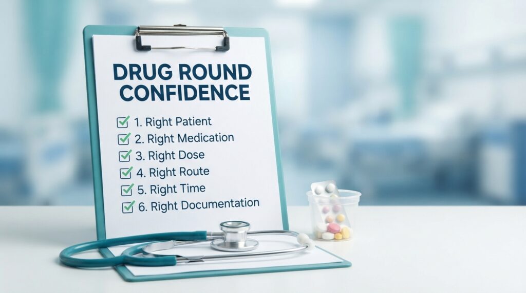 A clean, professional blog header featuring a teal clipboard with the title 'Drug Round Confidence' and a numbered checklist of the 6 Rights: Patient, Medication, Dose, Route, Time, and Documentation. A teal stethoscope and a transparent medicine cup with pills rest on a white desk against a soft-focus clinical background