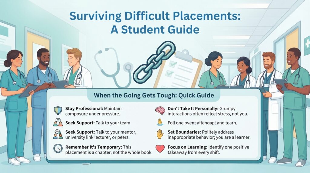 A professional vector illustration of a diverse team of student nurses and healthcare staff collaborating in a bright hospital corridor, paired with a quick-guide checklist overlay.
