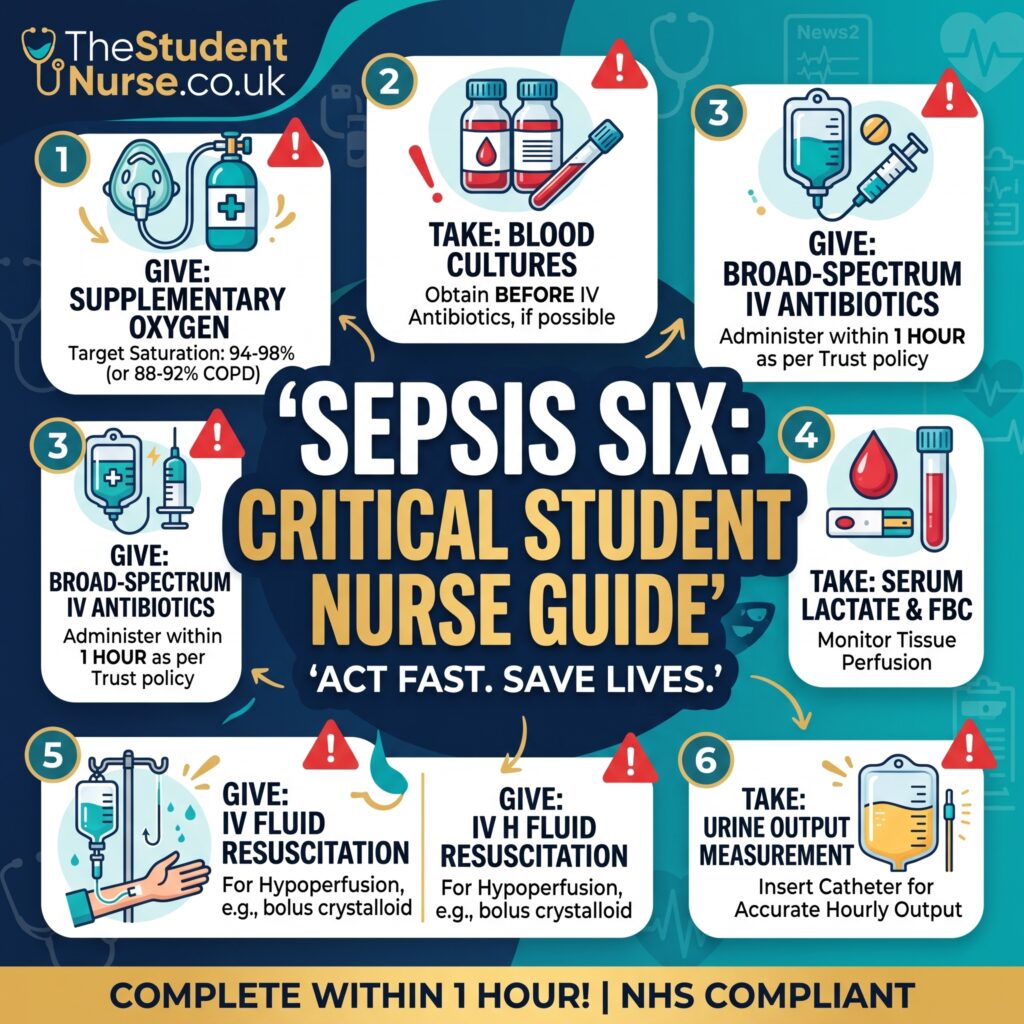 A close-up square graphic for UK student nurses showing a 'SEPSIS SIX CHECKLIST' with six numbered icons for interventions like Oxygen, Blood Cultures, IV Antibiotics, Lactate, IV Fluids, and Urine Output, with red and gold accents and the website logo: 'TheStudentNurse.co.uk'.