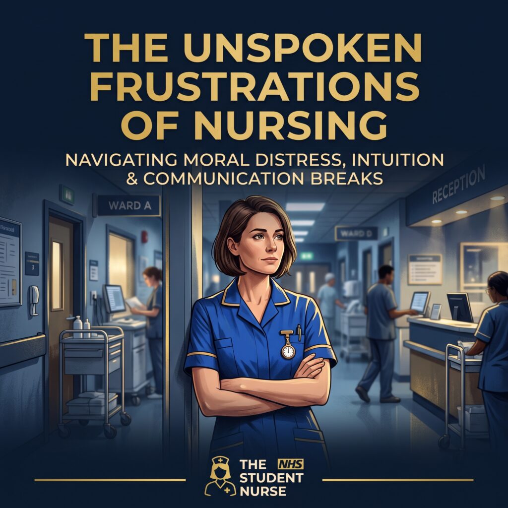 A square featured image for a UK student nurse blog titled 'THE UNSPOKEN FRUSTRATIONS OF NURSING: Navigating Moral Distress, Intuition & Communication Breaks' in dark navy blue and gold branding.