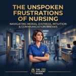 A square featured image for a UK student nurse blog titled 'THE UNSPOKEN FRUSTRATIONS OF NURSING: Navigating Moral Distress, Intuition & Communication Breaks' in dark navy blue and gold branding.