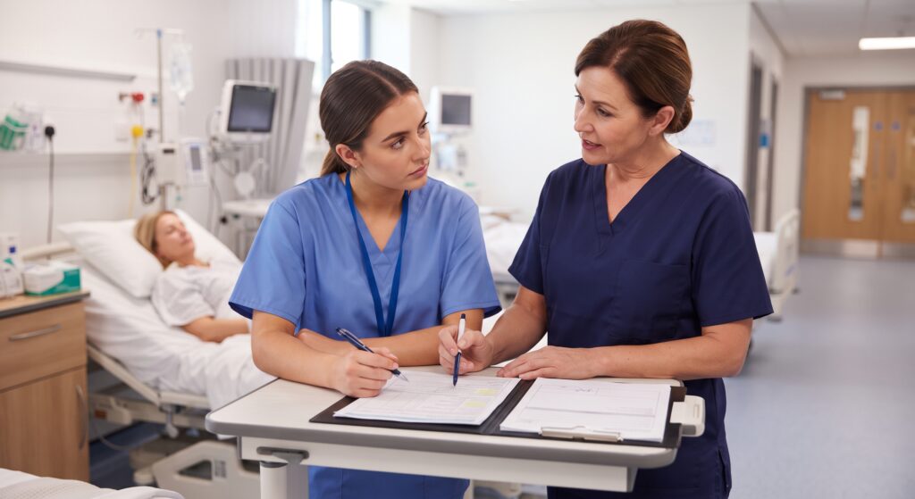 A student nurse and her mentor reviewing paperwork and a clinical skills portfolio together over a mobile desk in a quiet hospital ward.