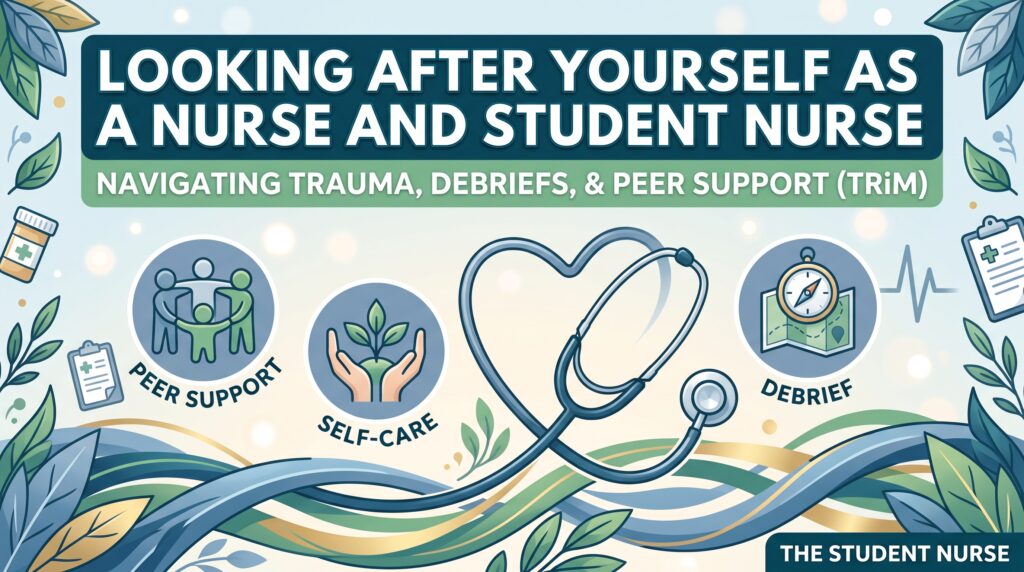 Featured graphic titled "Looking After Yourself as a Nurse and Student Nurse" featuring a heart-shaped stethoscope and icons for peer support, self-care, and debriefs.