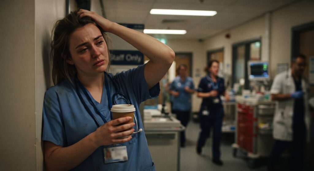 A tired healthcare student in blue scrubs leaning against a hospital corridor wall, holding a coffee cup while looking stressed and overwhelmed, with busy medical staff blurred in the background.
