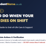 A square graphic with a navy blue background and gold border titled 'WHAT TO DO WHEN YOUR PATIENT DIES ON SHIFT', featuring a 3-step clinical breakdown for UK student nurses covering verification, family support, and last offices aftercare.