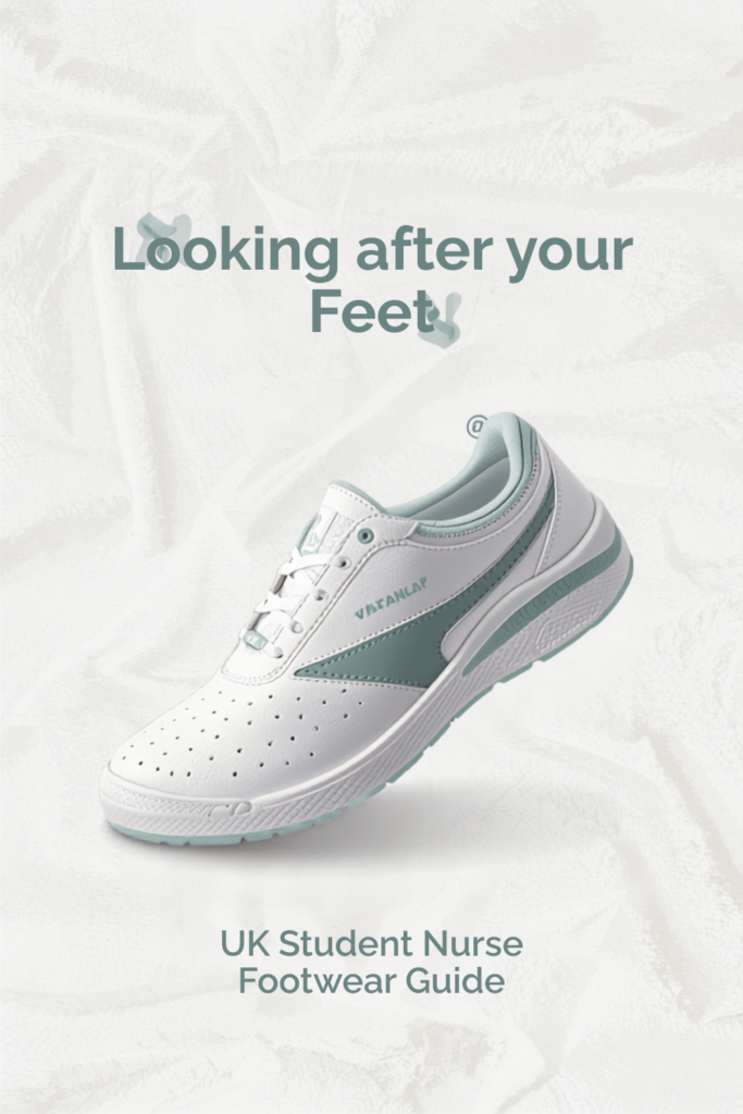 A graphic featuring a white and sage green supportive nursing shoe on a light background, titled "Looking after your Feet - UK Student Nurse Footwear Guide".