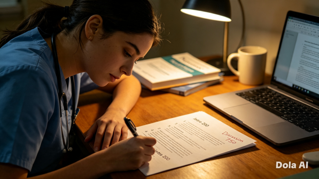 Student nurse mapping out essay sections and word counts — simple planning method that makes writing manageable