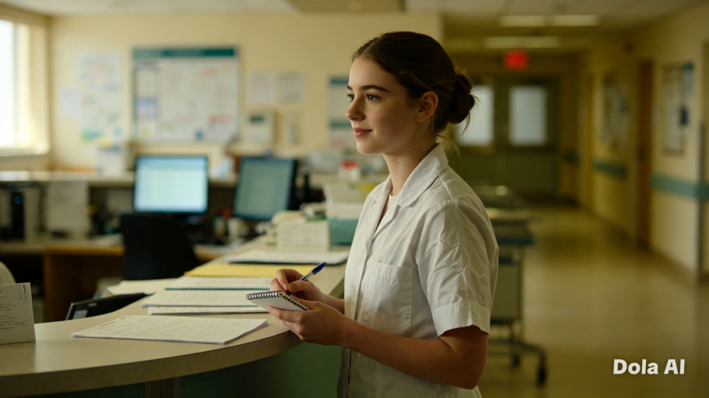Student nurse holding a notebook at the nurses' station — navigating their first placement with honesty and quiet confidence