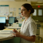 Student nurse holding a notebook at the nurses' station — navigating their first placement with honesty and quiet confidence