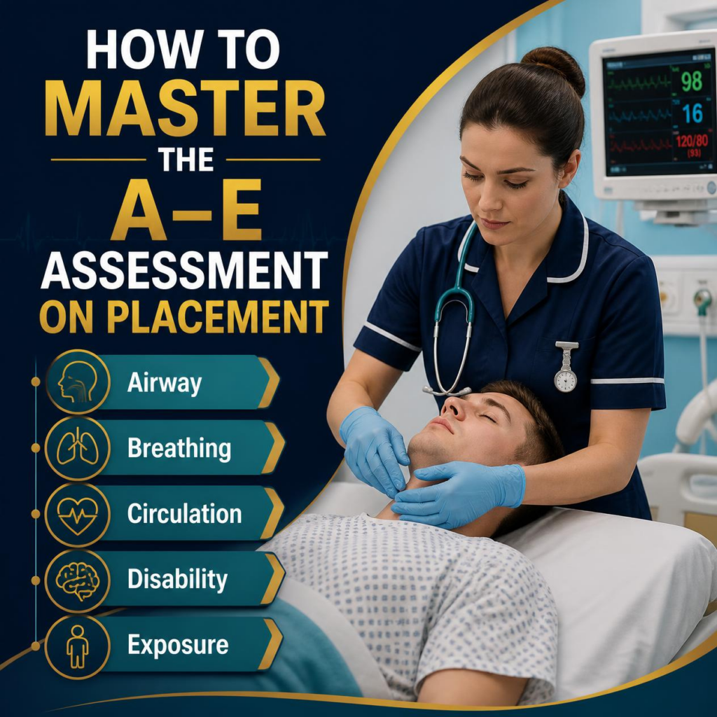A square featured image graphic for a UK student nurse blog post titled 'HOW TO MASTER THE A–E ASSESSMENT ON PLACEMENT' in navy blue, teal, and gold branding.