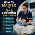 A square featured image graphic for a UK student nurse blog post titled 'HOW TO MASTER THE A–E ASSESSMENT ON PLACEMENT' in navy blue, teal, and gold branding.