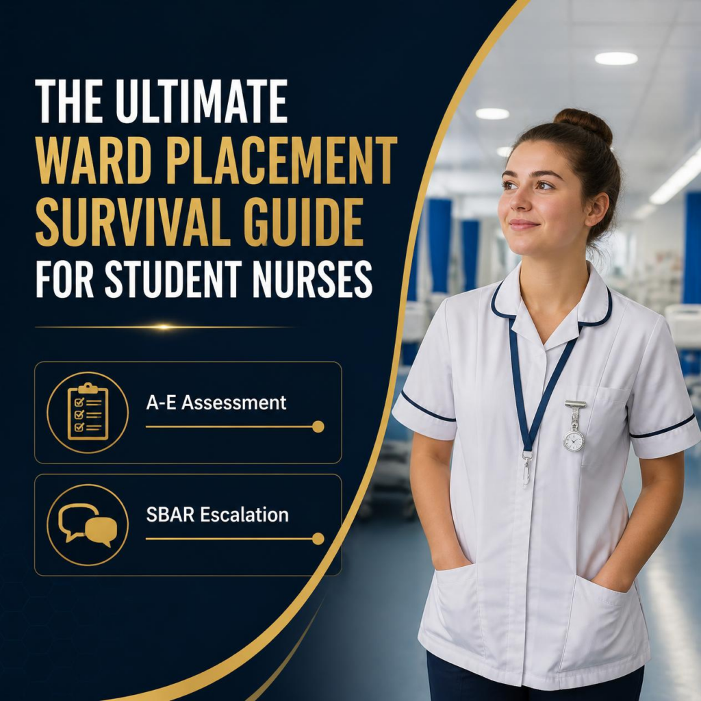 A square featured image for a UK student nurse blog post titled 'THE ULTIMATE WARD PLACEMENT SURVIVAL GUIDE FOR STUDENT NURSES: Master Clinical Skills, A-E Assessment & Placement Success' in dark navy blue and gold branding.