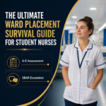 A square featured image for a UK student nurse blog post titled 'THE ULTIMATE WARD PLACEMENT SURVIVAL GUIDE FOR STUDENT NURSES: Master Clinical Skills, A-E Assessment & Placement Success' in dark navy blue and gold branding.