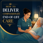A square featured image graphic for a UK student nurse blog post titled 'HOW TO DELIVER COMPASSIONATE END-OF-LIFE CARE' in navy blue, teal, and gold branding.