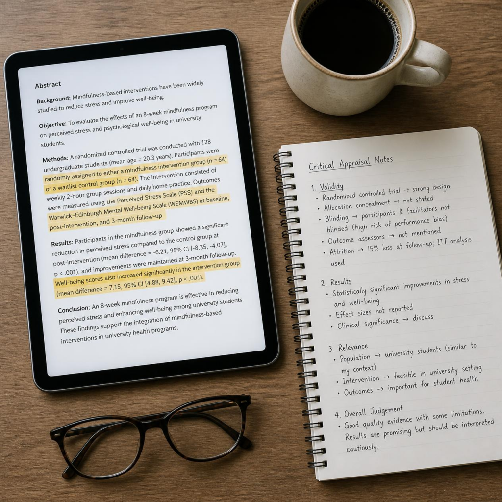 Flat-lay view of an academic research paper on a tablet, a notebook with critical appraisal notes, reading glasses, and a coffee mug on a wooden desk.