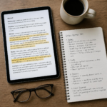 Flat-lay view of an academic research paper on a tablet, a notebook with critical appraisal notes, reading glasses, and a coffee mug on a wooden desk.