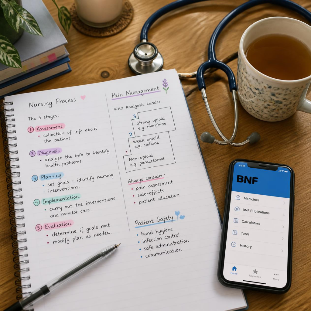 Flat-lay of a nursing student's desk with a notebook, stethoscope, smartphone showing the BNF app, and a warm cup of tea.