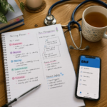 Flat-lay of a nursing student's desk with a notebook, stethoscope, smartphone showing the BNF app, and a warm cup of tea.