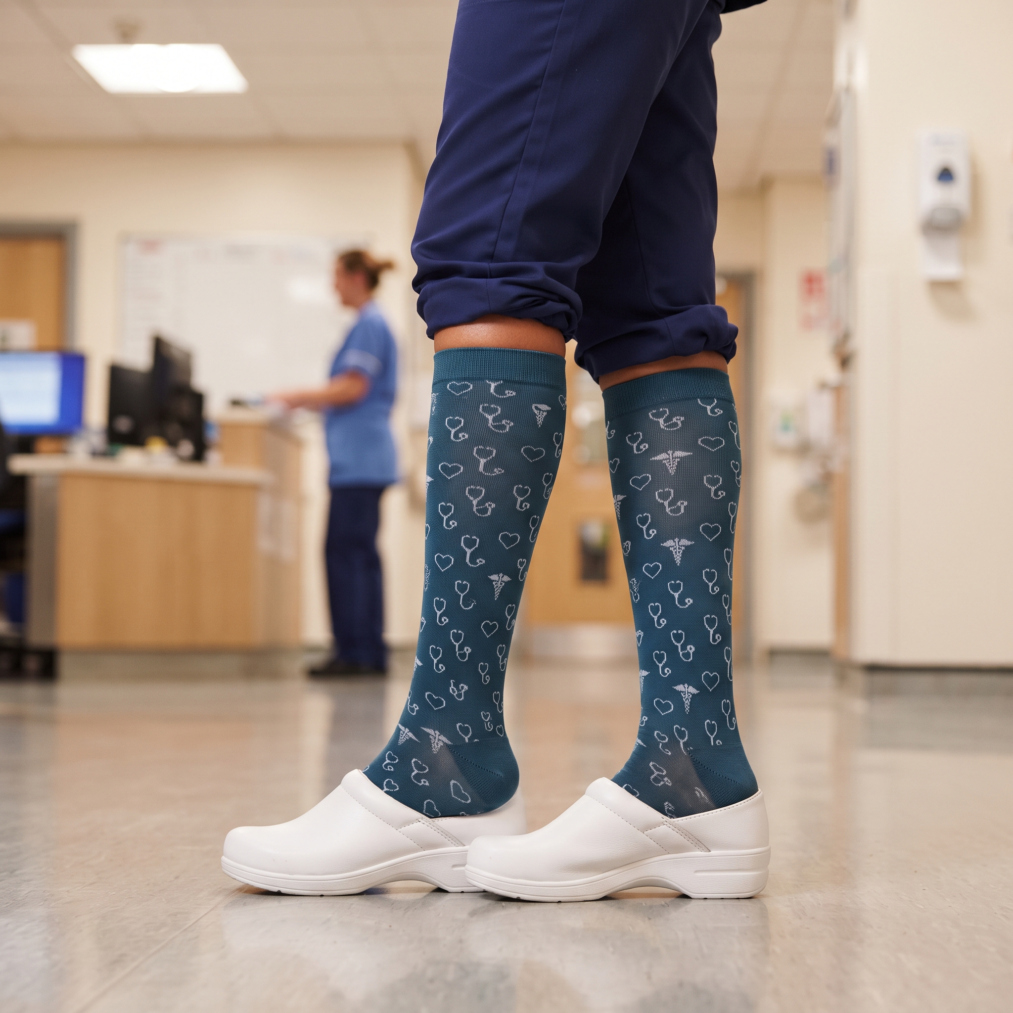 Compression socks designed for long shifts and healthcare professionals