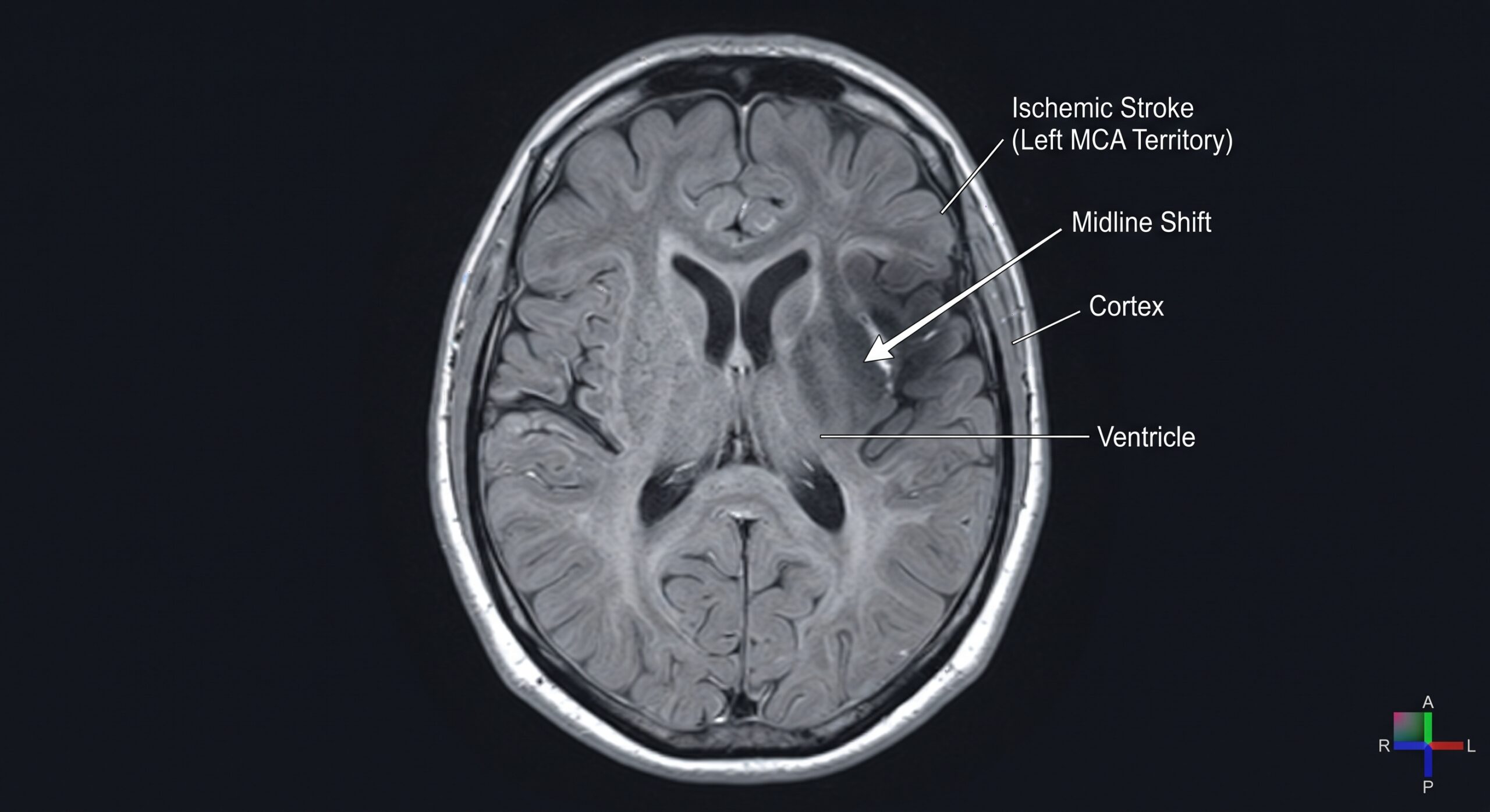 MRI brain scan showing an acute ischaemic stroke — bright area of damaged brain tissue