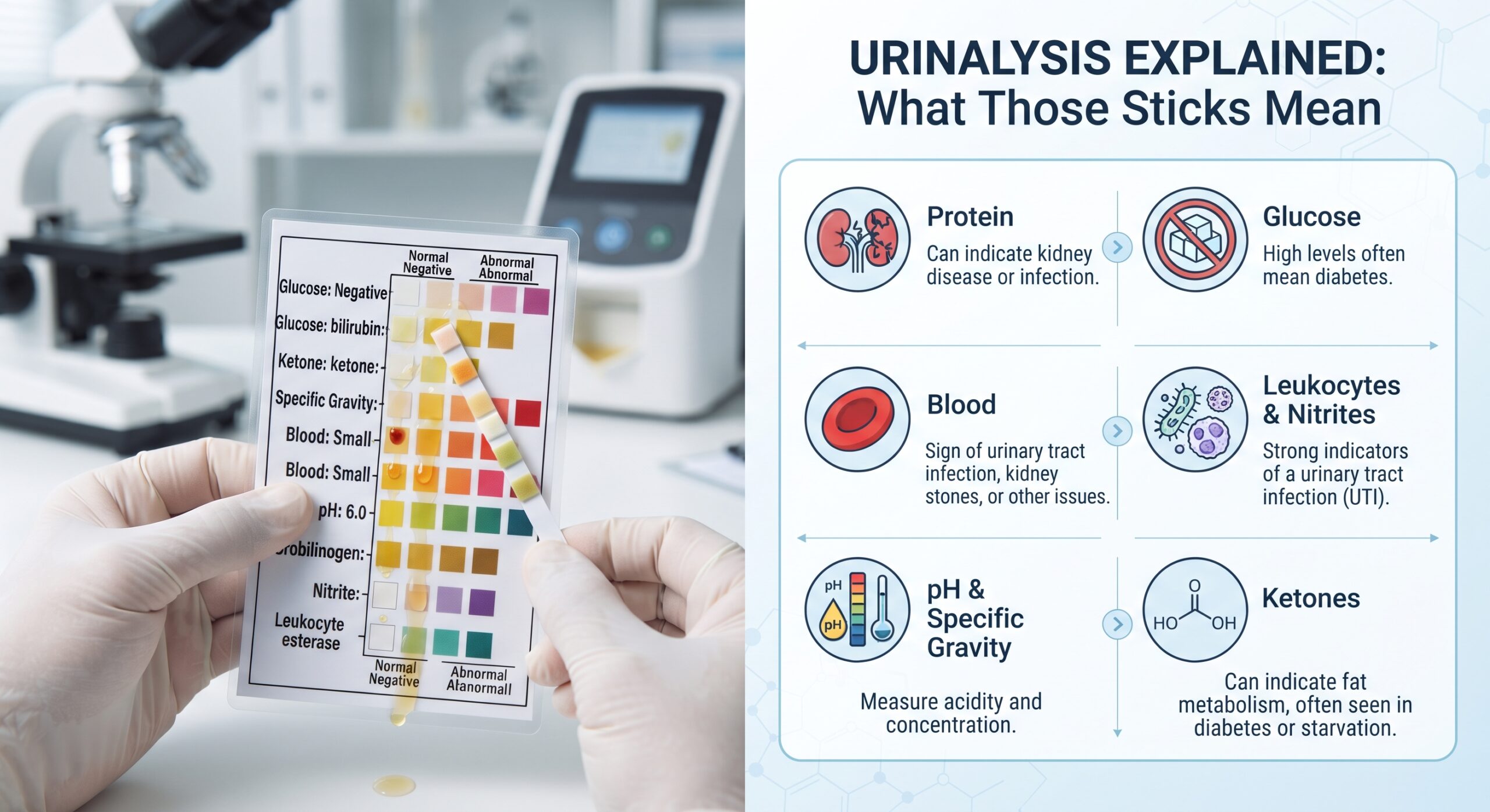 Urine test dipstick held next to a colour comparison chart showing results for leukocytes, protein, glucose, ketones and blood