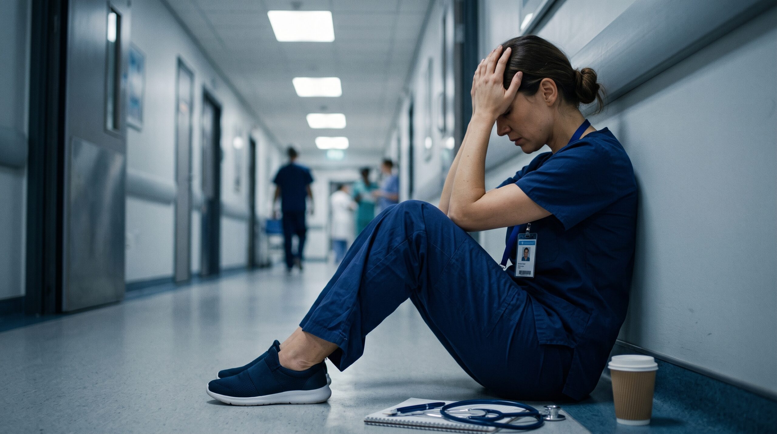 A quiet moment of stillness amid the busy ward environment — showing the weight of responsibility carried by student nurses every day
